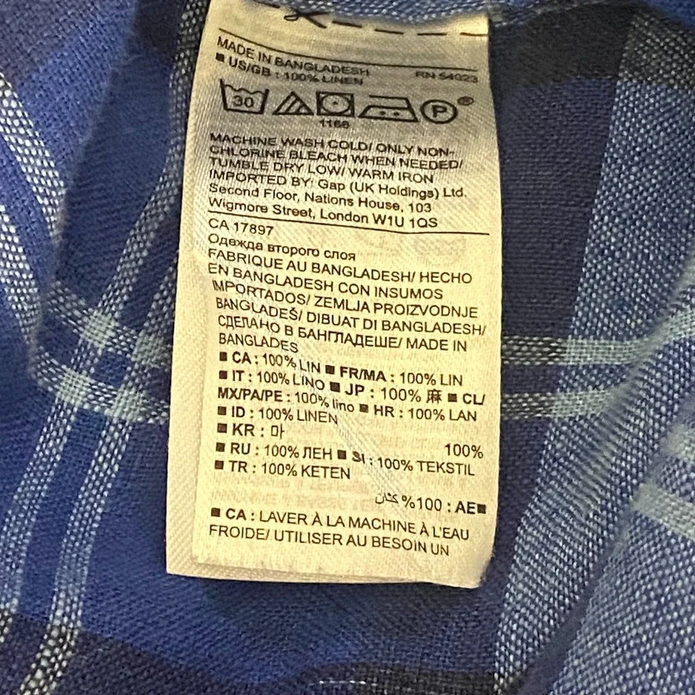 Banana Republic Linen Blue Plaid Shirt Short Sleeve Camden‎ Fit Button Up Sz XL